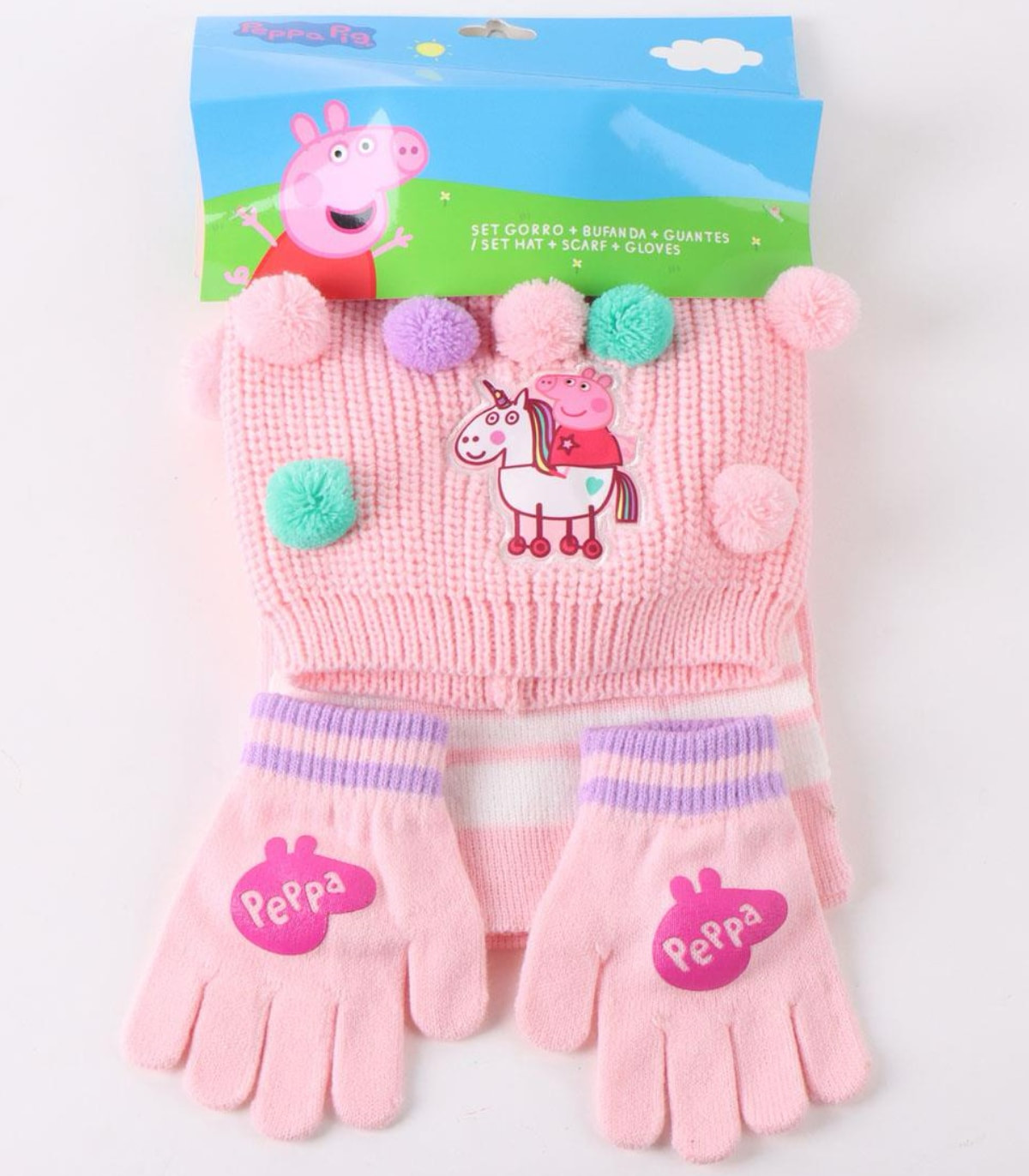 ȘAPCĂ PENTRU COPII CU POMPOANE, EȘARFĂ ȘI MĂNUȘI PEPPA PIG Cerda