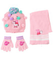 ȘAPCĂ PENTRU COPII CU POMPOANE, EȘARFĂ ȘI MĂNUȘI PEPPA PIG