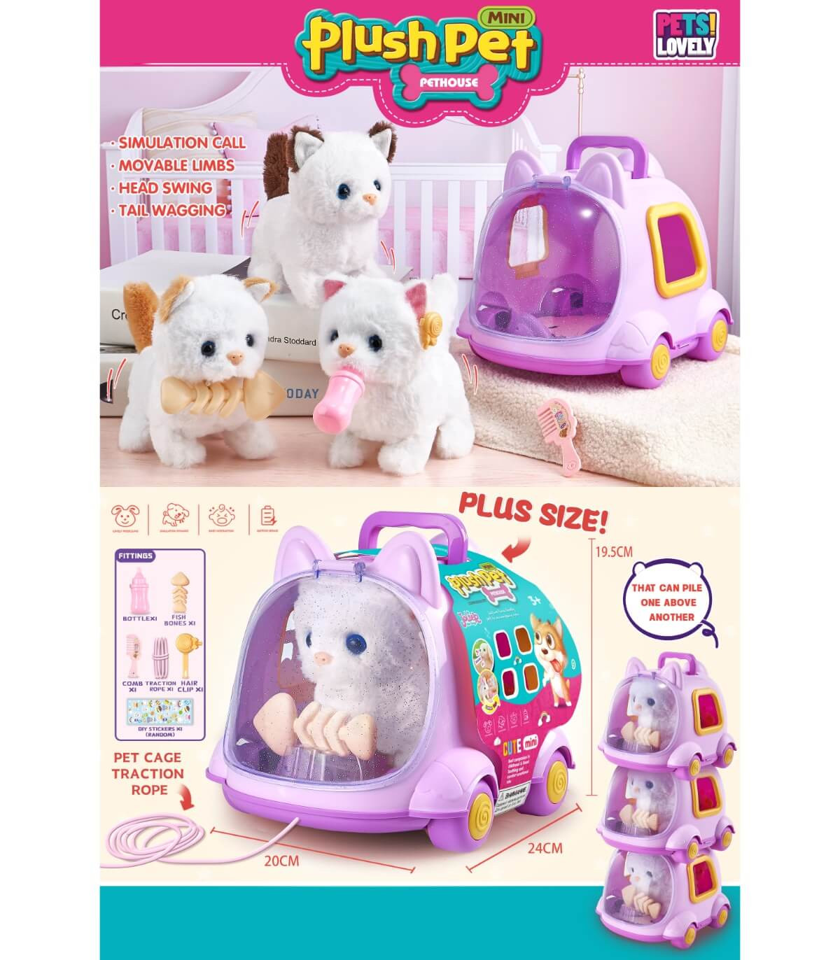 Pisică de pluș care merge cu pește în valiză cu roți Armtoys