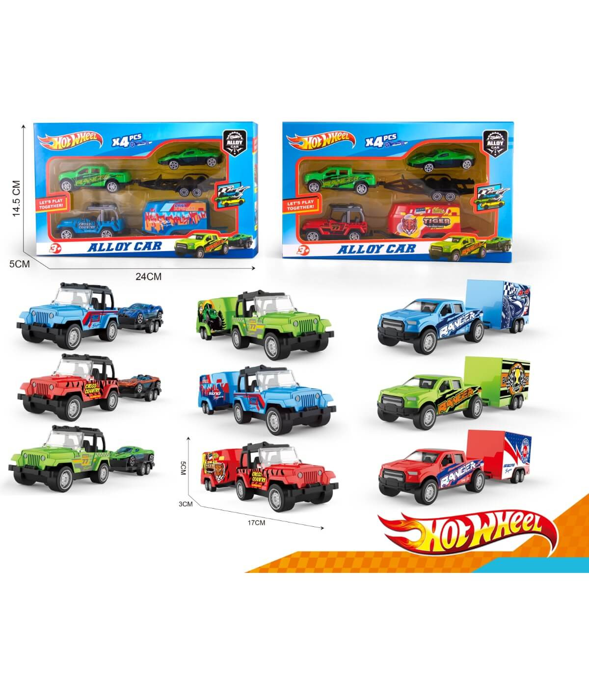 3 Cărucioare metalice cu remorcă în cutie Armtoys