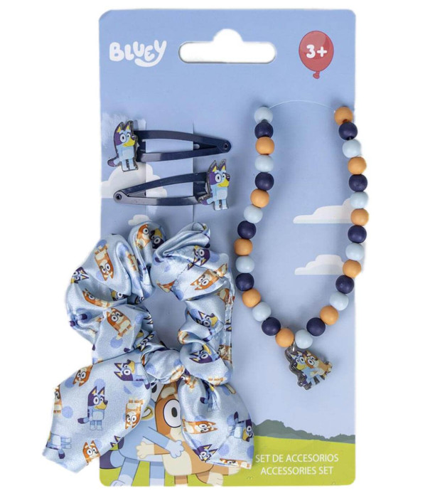 SCRUNCHIE ELASTICS WITH 2 HAIR CLIPS AND BLUEY NECKLACE
