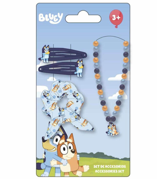 SCRUNCHIE ELASTICS WITH 2 HAIR CLIPS AND BLUEY NECKLACE