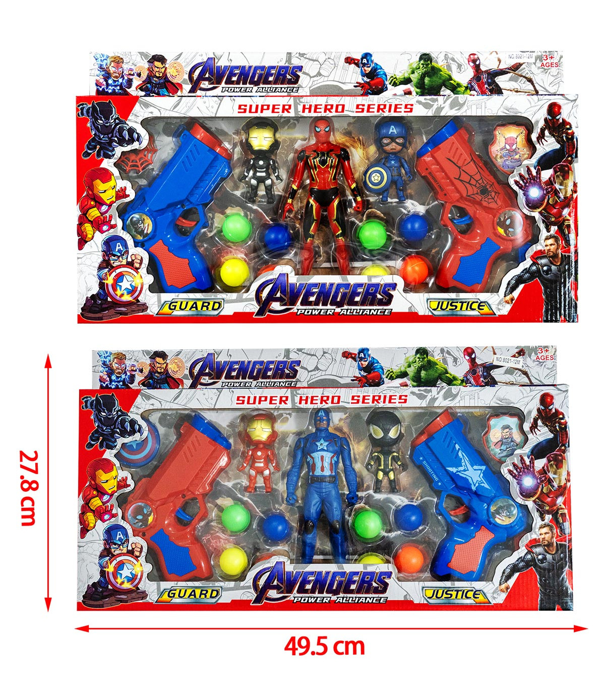 2 PISTOLS WITH BALLS AND 3 FIGURES IN A HERO BOX