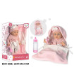 BEBELUȘ CU HĂINUȚE ÎN SAC ȘI BIBERON ÎN CUTIE, 34 CM