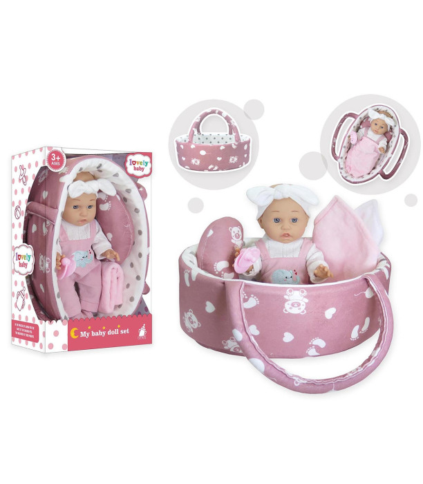 BEBELUȘ CU COȘ ȘI PERNUȚĂ ÎN CUTIE 34 CM