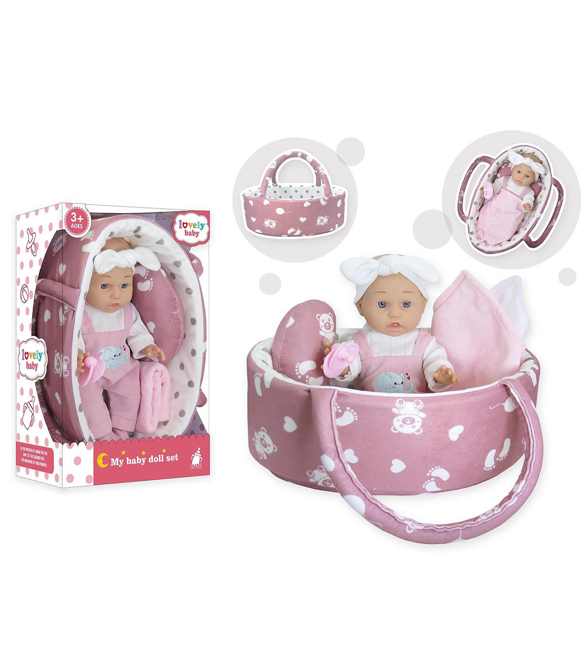 BEBELUȘ CU COȘ ȘI PERNUȚĂ ÎN CUTIE 34 CM