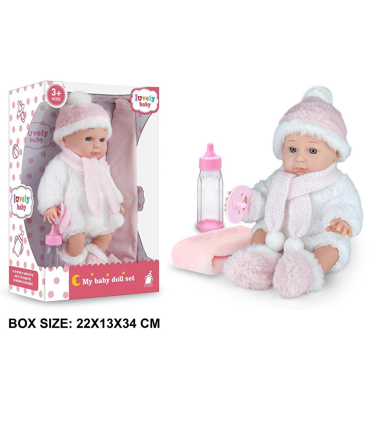 BEBE CU HAINE PUFOASE ȘI PĂTURĂ ÎN CUTIE, 34 CM