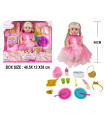 LARGE DOLL WITH A DRESS AND FEEDING ACCESSORIES