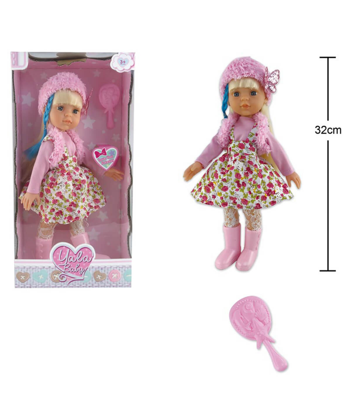 PĂPUȘĂ BLONDĂ DE 32 CM CU PĂLĂRIE ÎN CUTIE