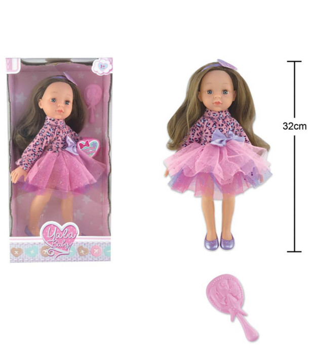 PĂPUȘĂ BRUNETĂ DE 32 CM, CU PĂR LUNG ȘI PERIE