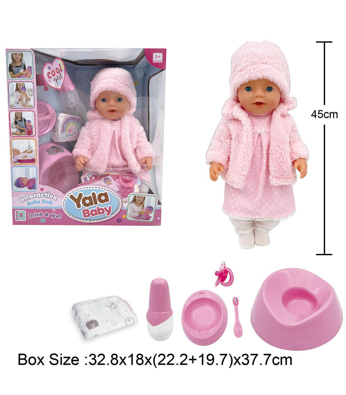 INTERACTIVE BABY WITH WINTER CLOTHES AND POTTY, 45 CM