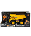 DUMP TRUCK WITH CONSTRUCTION WORKER AND SIGNS IN AN OPEN BOX