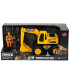 EXCAVATOR WITH BUILDER AND SIGNS IN AN OPEN BOX