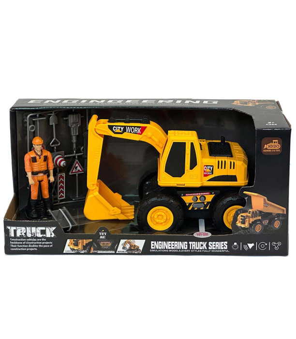 EXCAVATOR CU CONSTRUCTOR ȘI SEMNE ÎN CUTIE DESCHISĂ