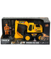 EXCAVATOR WITH BUILDER AND SIGNS IN AN OPEN BOX