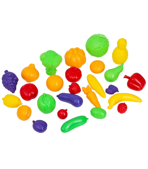 LARGE SET OF PLASTIC FRUITS AND VEGETABLES IN A NET