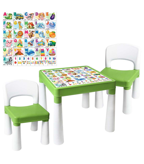 MASĂ PENTRU COPII CU 2 SCAUNE, ALFABETUL ENGLEZ, VERDE/ALB