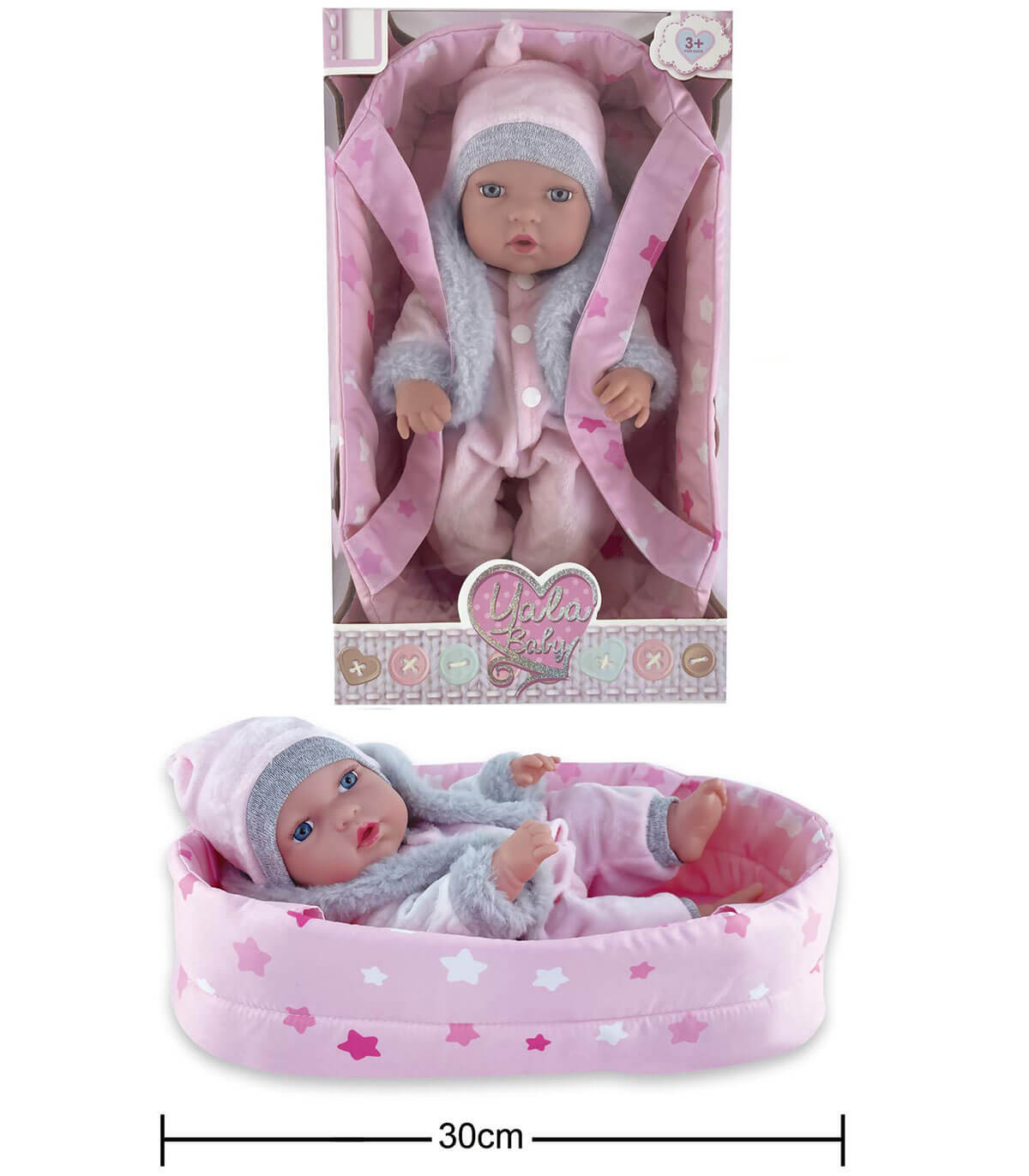 BEBE DIN CAUCIUC CU COȘ DIN MATERIAL TEXTIL ÎN CUTIE, 30 CM