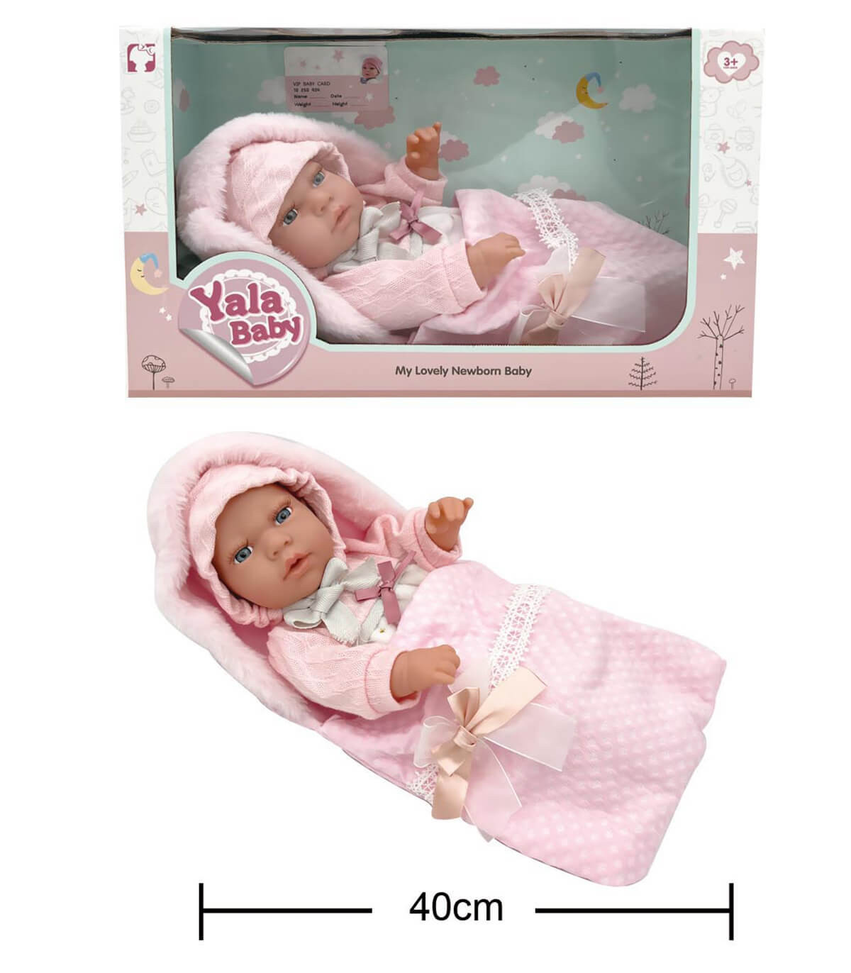 Păpușă bebeluș din cauciuc, cu sac roz cu glugă, 40 cm