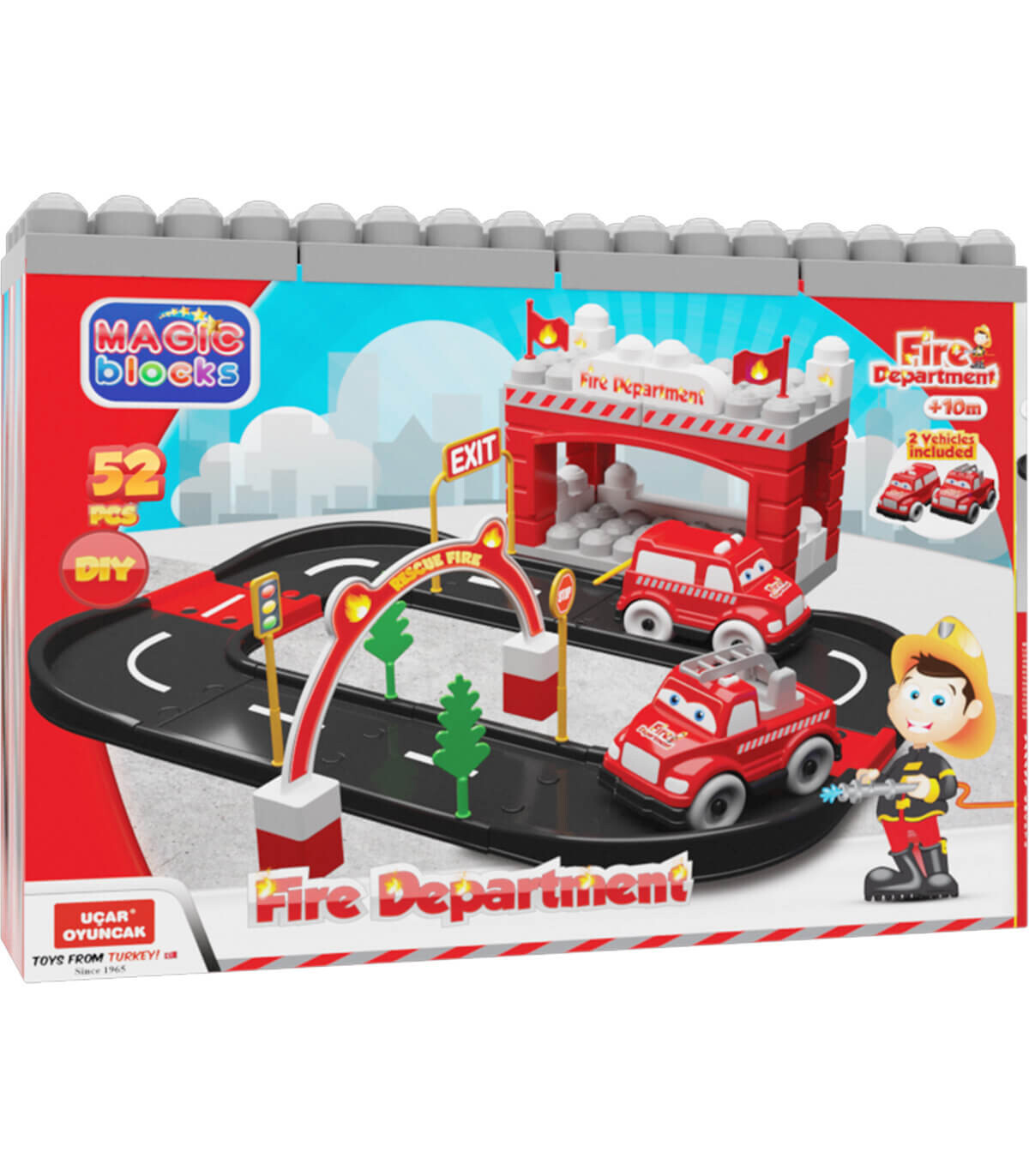 BUILDING FIRE DEPARTMENT WITH 2 VEHICLES 52 PIECES - BUILDING BLOCKS, SORTERS AND RINGS