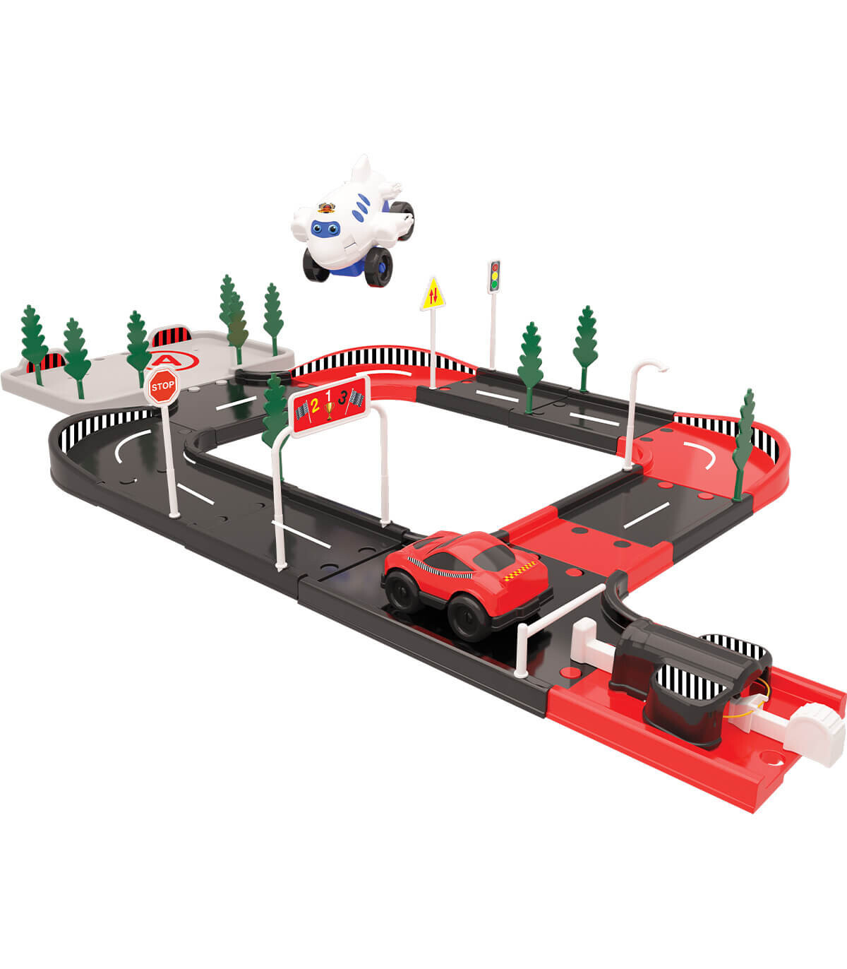 RACING TRACK WITH CAR AND AIRPLANE 45 PIECES - PARKINGS, GARAGES, TRACKS AND AIRPORTS
