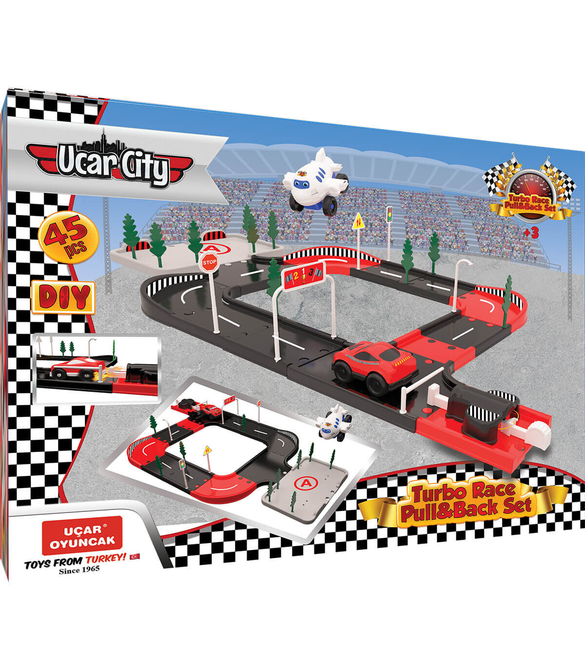 RACING TRACK WITH CAR AND AIRPLANE 45 PIECES - PARKINGS, GARAGES, TRACKS AND AIRPORTS