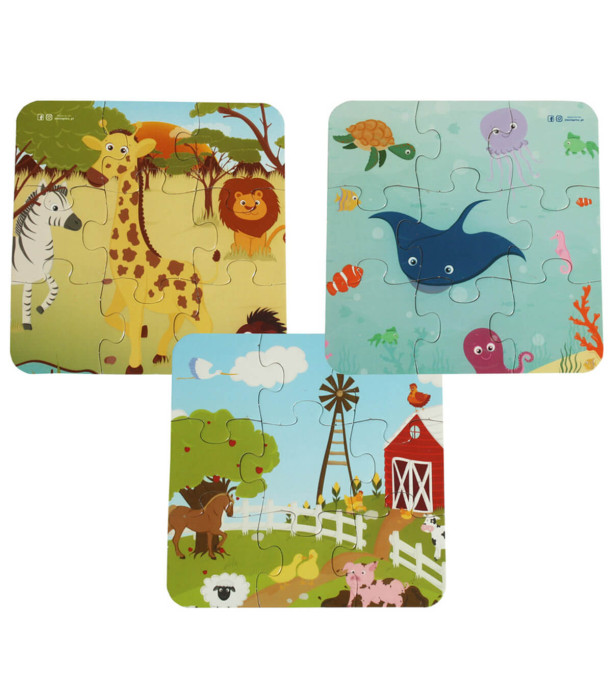 PUZZLE ANIMALE MARINE, FERMA SI AFRICANE 3 IN 1 - PUZZLE ȘI CUBURI