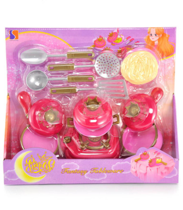 SET DE BUCĂTĂRIE ROZ PENTRU COPII CU COROANĂ ÎN CUTIE DESCHISĂ - BUCĂTĂRIE, SERVICII ȘI MÂNCARE