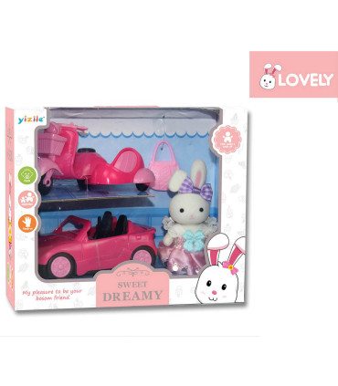 CHILDREN'S CABRIOLET CAR WITH SCOOTER AND RABBIT IN BOX - DOLLS AND MERMAIDS