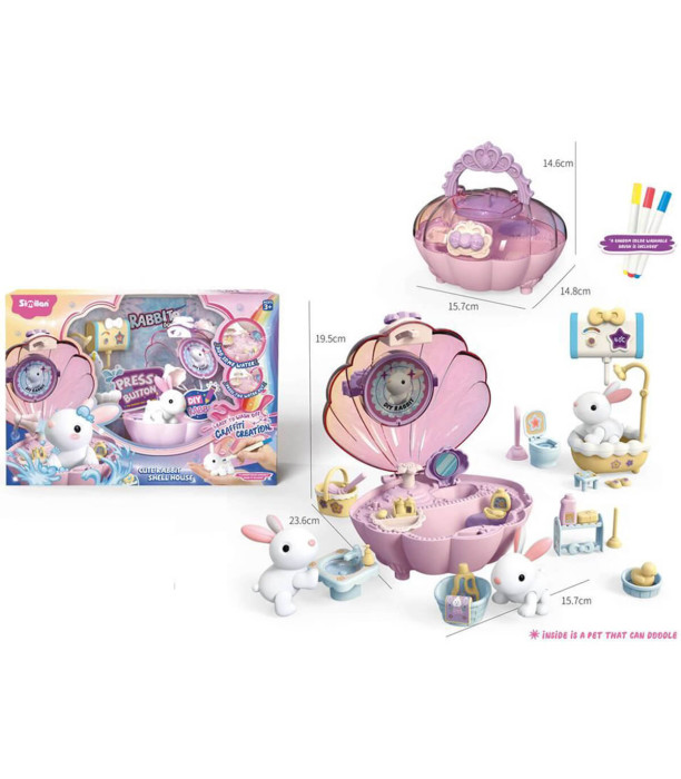 CHILDREN'S PLAY SET WASHABLE BUNNY WITH BATHTUB AND SHELL HOUSE - DOLLHOUSES AND SETS