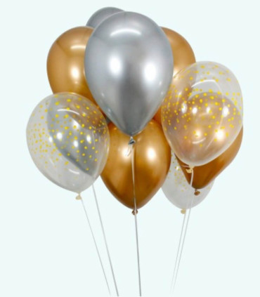 BALLOONS 15 PCS. 12\\" - 30 CM CHROME GOLD/SILVER/DOTS + RIBBON 15 M - Chromium