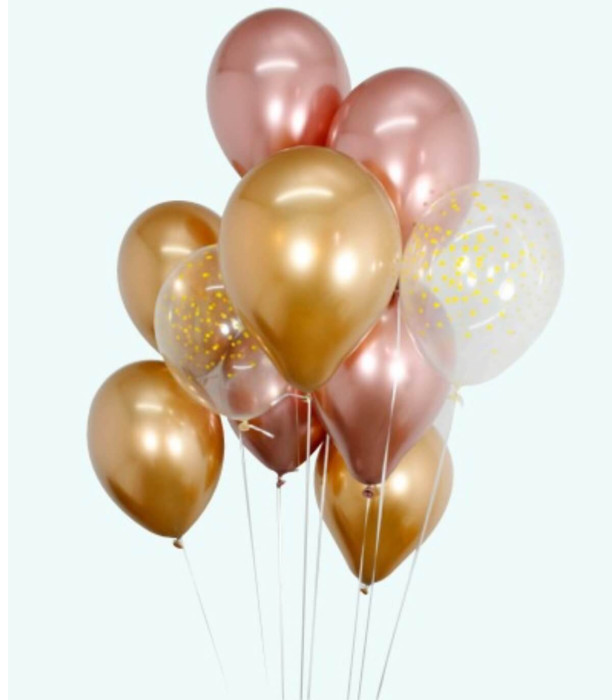 BALOANE 15 BUC. 12\\" - 30 CM CHROME AURII/ROSE AURII/PUNCTE + RIBBON 15 M - Хром