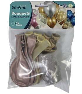 BALOANE 15 BUC. 12\\" - 30 CM CHROME AURII/ROSE AURII/PUNCTE + RIBBON 15 M - Хром