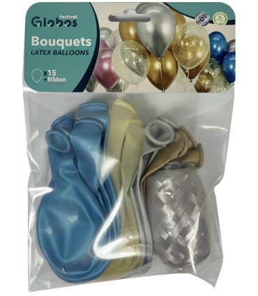 BALOANE 15 BUC. 12\\" - 30 CM CHROME AURII/SILVER/ALBASTRU/PUNCTE + FASIE 15 M - Хром