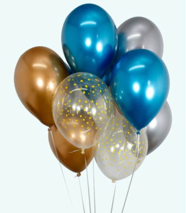 BALOANE 15 BUC. 12\\" - 30 CM CHROME AURII/SILVER/ALBASTRU/PUNCTE + FASIE 15 M - Хром