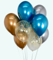 BALOANE 15 BUC. 12" - 30 CM CHROME AURII/SILVER/ALBASTRU/PUNCTE + FASIE 15 M