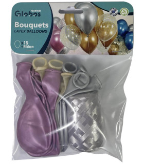 BALONI 15 BUC. 12\\" - 30 CM HROM ROZ/ARGINTII/PUNCTE + BANDĂ 15 M - Хром