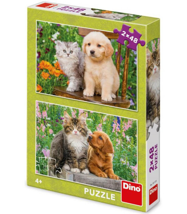 PUZZLE PENTRU COPII CÂINE ȘI MOTAN 2X48 PIESE - PUZZLE ȘI CUBURI