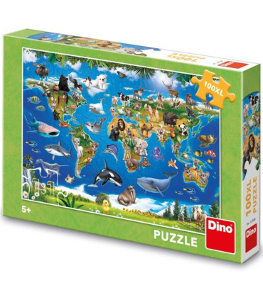 PUZZLE PENTRU COPII HARTĂ A LUMII CU ANIMALE 100 XL PIESE - PUZZLE ȘI CUBURI