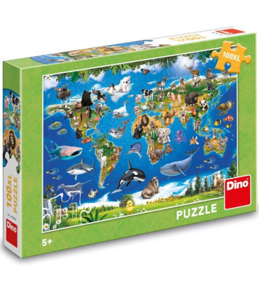 PUZZLE PENTRU COPII HARTĂ A LUMII CU ANIMALE 100 XL PIESE - PUZZLE ȘI CUBURI