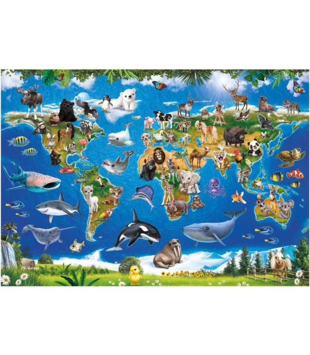 PUZZLE PENTRU COPII HARTĂ A LUMII CU ANIMALE 100 XL PIESE - PUZZLE ȘI CUBURI