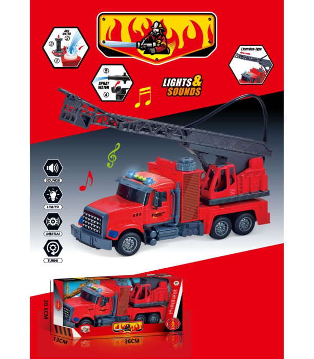 KIDS' FIRE TRUCK WITH WATER + SOUND AND LIGHT IN OPEN BOX - Police cars, fire trucks and ambulances