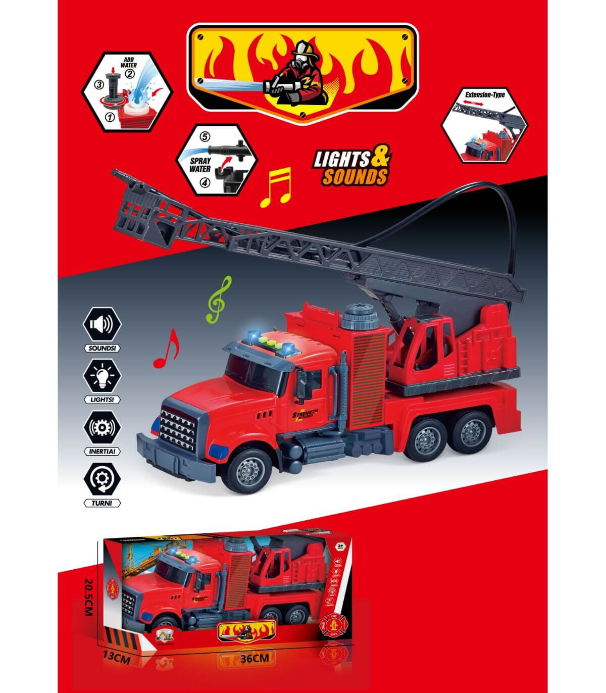 KIDS' FIRE TRUCK WITH WATER + SOUND AND LIGHT IN OPEN BOX - Police cars, fire trucks and ambulances