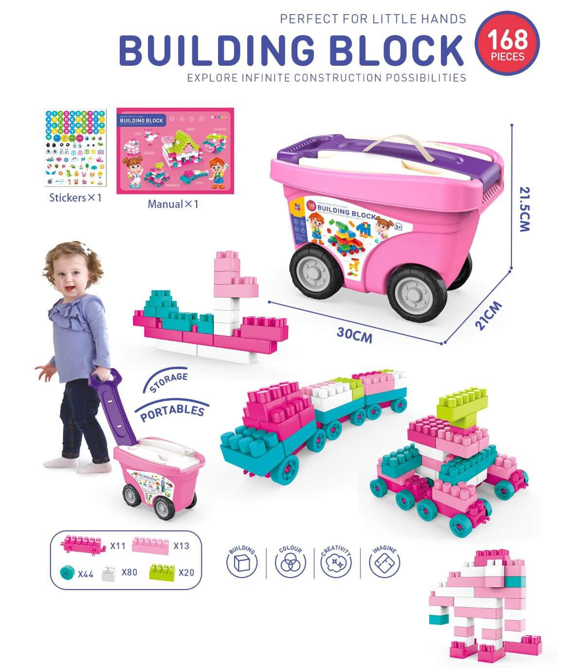 CHILDREN'S CONSTRUCTOR IN PINK CART 168 PIECES - BUILDING BLOCKS