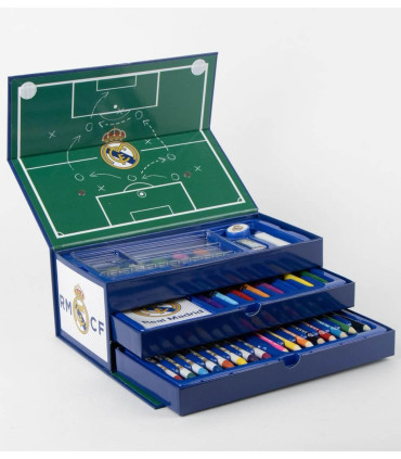 THREE-TIERED CASE WITH PENCILS, MARKERS, AND PAINTS REAL MADRID Cerda