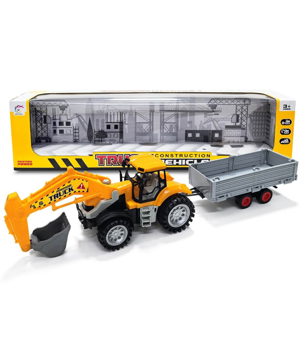 TRACTOR PENTRU COPII CU EXCAVATOR ȘI REMORCĂ ÎN CUTIE Armtoys